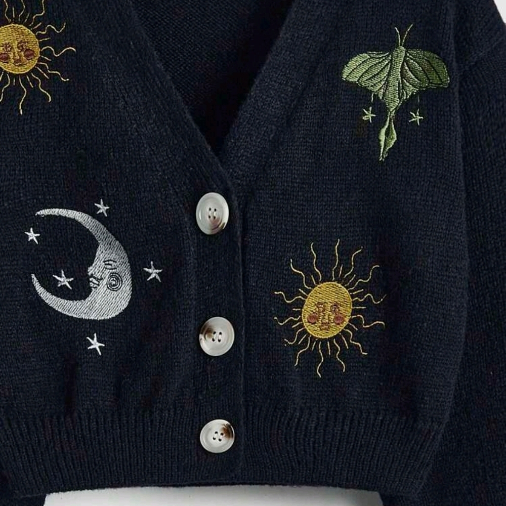 Black Skull Black Moon & Sun Embroidered Cropped Cardigan - Picture 4 of 7